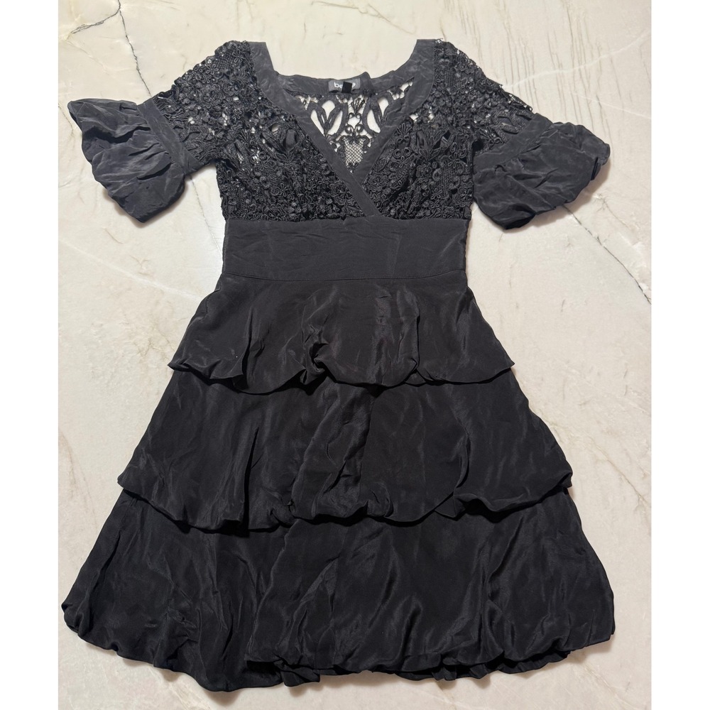 bebe Black Lace Crochet Silk Tiered Ruffle Mini Dress Puff Sleeve Womens Size XS